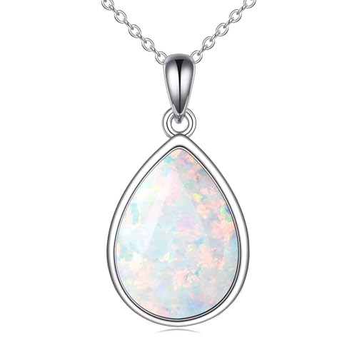 CRMAD Larimar/Opal/Lapis Lazuli/Tourmaline/Malachite/Labradorite/Turquoise/Onyx/Rose Quartz/Amber/Peridot Necklace for Women 925 Sterling Silver Teardrop Pendant Jewelry Gifts - color: Opal