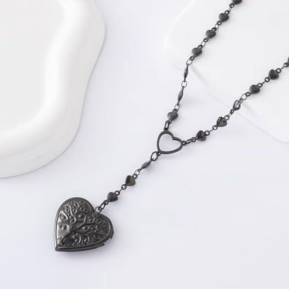 Personalized Heart Locket Necklace for Women Stainless Steel- Heart Necklace - color: Black-G