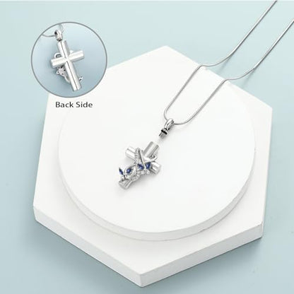 shajwo Cross Urn Necklace for Ashes Birthstone Rose Flower Cremation Jewelry for Women Gilrs Keepsake Memorial Ashes Pendant - color: Butterfly-Blue