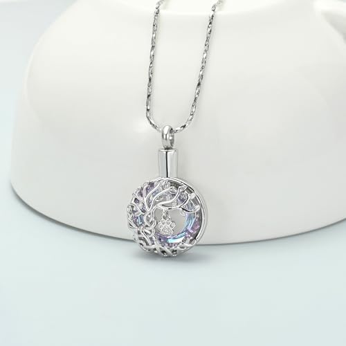 Imrsanl Tree of Life Urn Necklace for Ashes Paw Print Circle of Life Cremation Jewelry Keepsake Pendant Memorial Pet Ashes Holder for Women Men - color: Silver-Purple