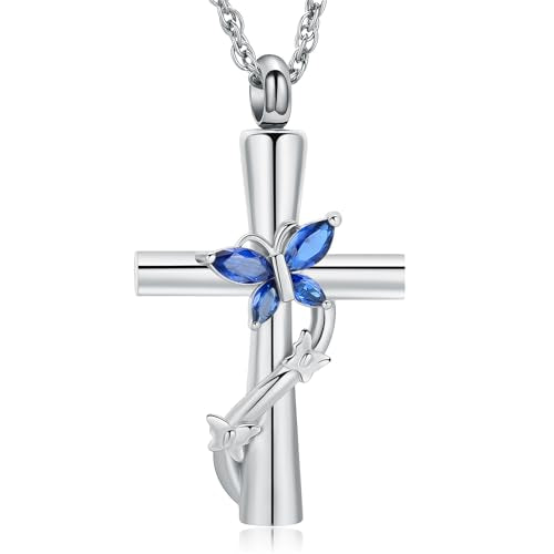 shajwo Butterfly Cross Urn Necklaces for Ashes for Women Men - color: Silver-Blue