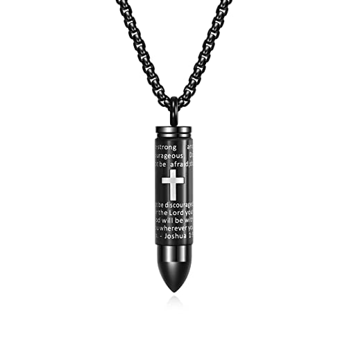 Rnivida Stainless Steel Urn Ashes Pendant Necklace with Cross Bible Verse, Urn Necklace for Men - color: Black - Joshua 1:9