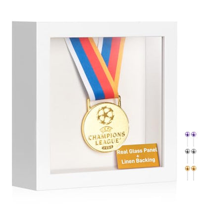 5x5 Small Shadow Box Frame with Ultra-Clear Glass & Soft Linen Back | With Push Pins, Deep 1.2" White Shadow Box Display Case – Display on Tabletop or Wall for Insect, Photo, Flower, Keepsakes - color: White+high Definition Panel + Shatter-proof Packaging
