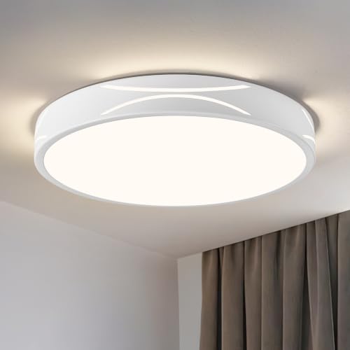 WOKNOS Dimmable White LED Flush Mount Ceiling Light, Metal, 11.8 in | 5CCT 2700K-6000K Modern Close to Ceiling Lighting Fixtures, Round Ceiling Lamp for Bedroom, Kitchen, Hallway, Laundry Room - color: White, size: 11.81 in