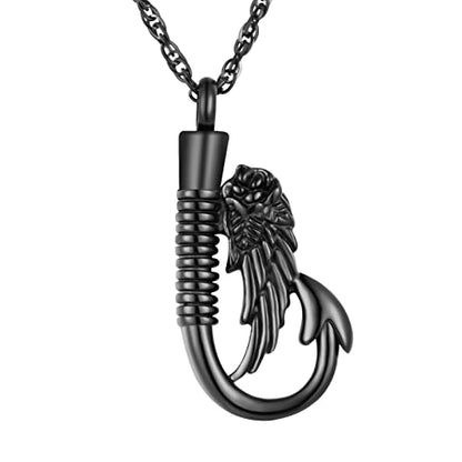 abooxiu Fishing Heart Hook Urn Necklace for Ashes Fish Heart Hook Stainless Steel Cremation Jewelry - Black - color: Black-Wing, style: Non-engraving