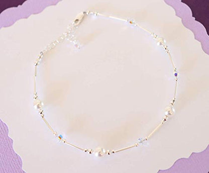 Anklet White Pearl & Iridescent Crystal Sterling Silver Beach Wedding Bridesmaid Anniversary Gift - style: Average 8 1/2" to 10"