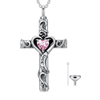 TOUPOP Cross Urn Necklaces for Ashes Birthstone Cremation Jewelry 925 Sterling Silver Cross Memorial Keepsake Jewelry for Women (with Funnel Filler) - color: 10-October-Pink Tourmaline