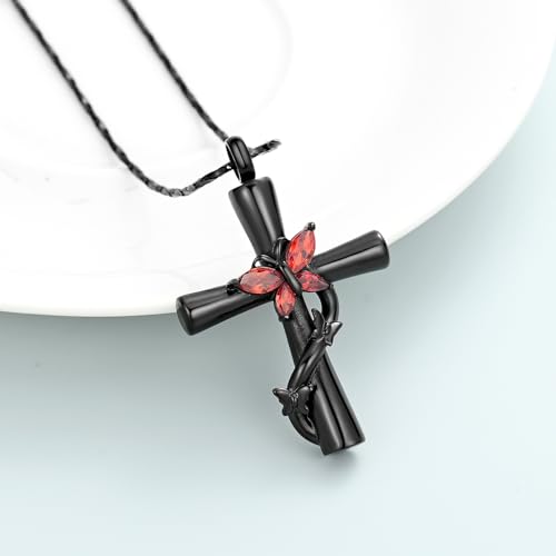 Imrsanl Cross with Butterfly Urn Necklaces for Ashes for Women - color: Black Red