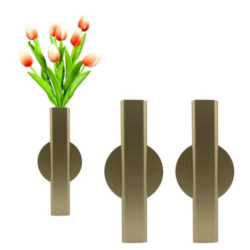 Self Adhesive Wall Vase Metal Tube Decoration Holder Used to Display Dried Flower, Faux Flowers, Fake Flowers, Also Suitable for Cemetery Memorial Decoration (2 PCS Gold) - color: 2 Pcs Gold