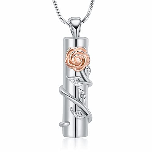 Rose Flower Urn Necklace Cylinder Bar Urn Necklace for Ashes Pendant Necklace Keepsake for Ashes Memory Keepsake Cremation Jewelry for Women Memorial - color: Silver-rose