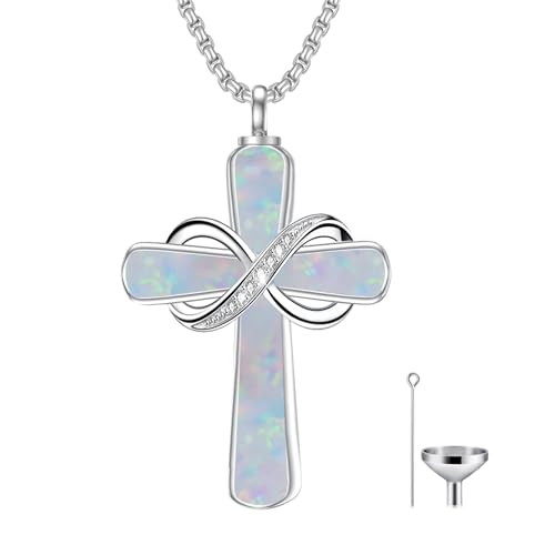 Turquoise Cross Urn Necklaces for Human Ashes 925 Sterling Silver Urn Necklaces Cremation Keepsake Memorial Pendant Necklace for Ashes for Loved One Human Pet - style: Infinity-White opal