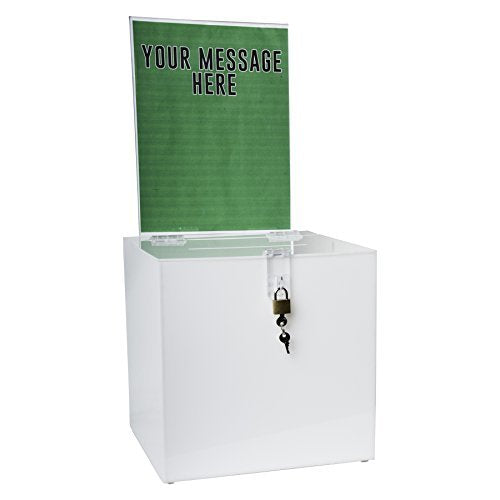 Clear-Ad - Acrylic Donation, Ballot, Raffle or Suggestion Box with Lock and Removable Sign Holder - Plastic Comment or Compaint Container - Plexiglass Multipurpose Box with Slot - White (10x10) - size: 10 x 10 White