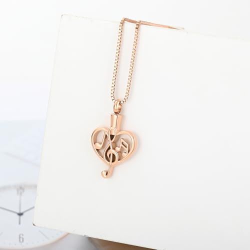 XSMZB Music Note Cremation Urn Necklace for Ashes of Loved One Heart Memorial Locket Hold Ashes Keepsake Pendant for Women Men - color: Rose Gold