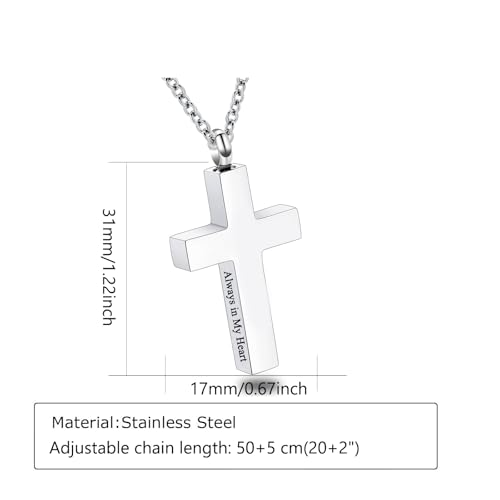 Cross Urn Necklace for Ashes for Men Women Cremation Jewelry Urns Locket Pendant Ashes Holder Memorial Jewelry-Always in My Heart - color: Silver