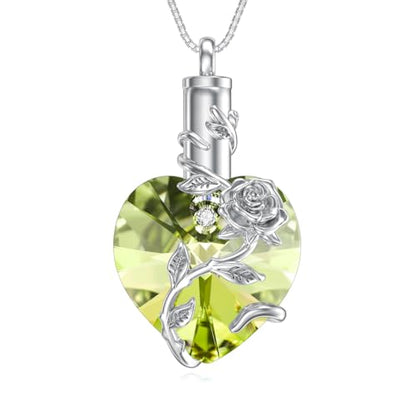 OCJ Heart Rose Flower Urn Necklace for Ashes Women Birthstone Cremation Necklaces Sterling Silver Memorial Cremation Jewelry Gifts - color: 08-Aug-Peridot