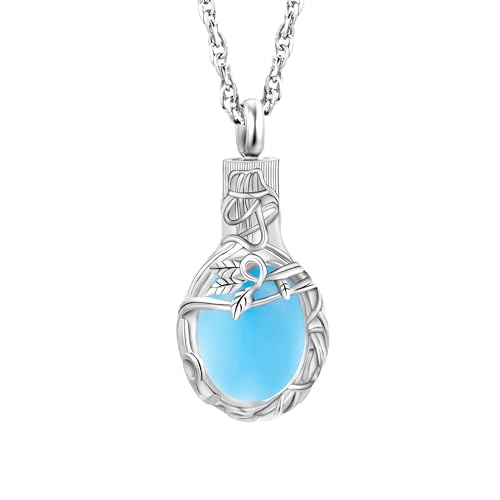 Gredstar Tree of Life Urn Necklace for Ashes, Birthstone Memorial Pendant | Teardrop Design, Love Symbol Detail, 12 Birthstone Colors, Stainless Steel, Ashes Holder, Funnel Kit Included - color: March