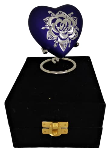 Classic Heart Shape Keepsake Urn for Human Ashes – with Box and Stand - Ink Blue Color with Diamond Cut Design 7 cms high