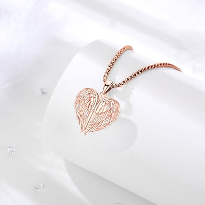 Angel Wings Necklace 925 Sterling Silver Guardian Angel Nurse RN Caduceus Pendant Charm Crystal Angel Jewelry Gifts for Women - style: F-Angel Wings Locket (Rose Golden)