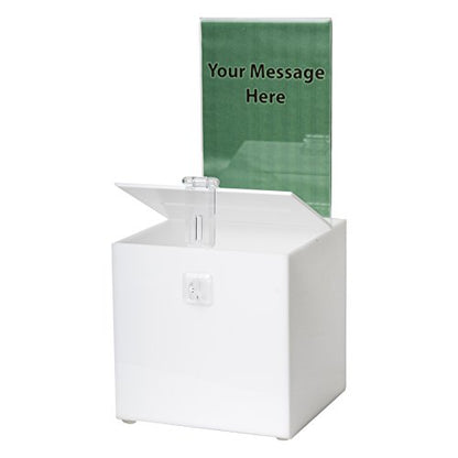 Clear-Ad - Acrylic Donation, Ballot, Raffle or Suggestion Box with Lock and Sign Holder - Plastic Comment or Compaint Container - Plexiglass Multipurpose Box with Slot - White (8x8) - size: 8 x 8 White