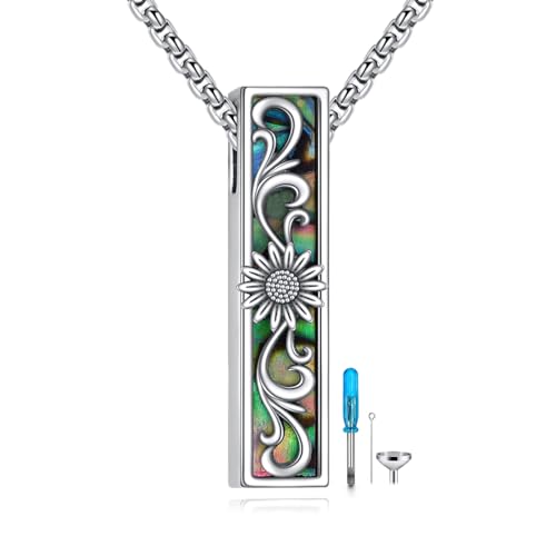 Cremation Urn Necklace for Ashes 925 Sterling Silver Moon Phase/Tree of Life/Hummingbird/Moss Agate/Opal/Compass/Mountain/Butterfly/Turquoise/Sunflower/Dragonfly/Cross Pendant Necklace Cremation Memorial Keepsake Urn Jewelry for Women Men - style: Sunflow