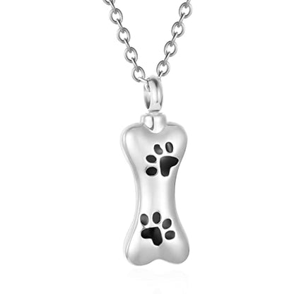 Custom Dog Bone Memorial Pendant Necklace with Paw Print, Stainless Steel Personalized Pet Cremation Jewelry Puppy Animal Urn Pendant Best Friends Friendship Pet Keepsake Gifts Dog Urn Necklace for Ashes for Dog Lovers - color: Silver