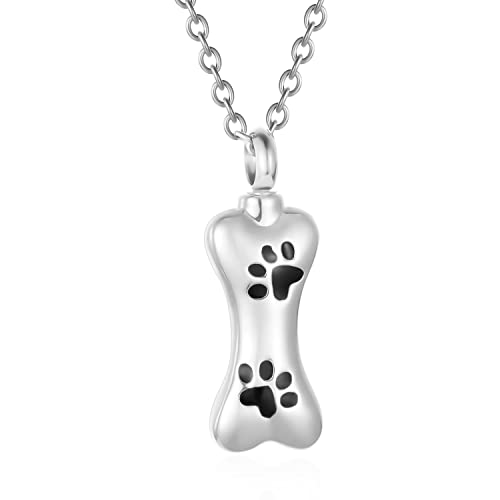 Custom Dog Bone Memorial Pendant Necklace with Paw Print, Stainless Steel Personalized Pet Cremation Jewelry Puppy Animal Urn Pendant Best Friends Friendship Pet Keepsake Gifts Dog Urn Necklace for Ashes for Dog Lovers - color: Silver