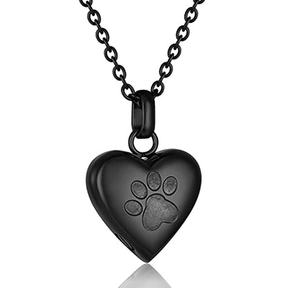 Pet Urn Necklace Heart Memorial Urn Pendant Dog Cat Keepsake Funeral Jewelry 316L Stainess Steel Paw Print Cremation Jewelry - color: Black One Paw