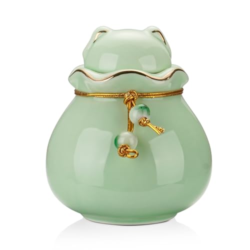 SOITIS Pet Memorial Urn for Cat or Dog Ashes - 3.54"x3.15" Elegant Ceramic Keepsake Holder with Pet-Shaped Lid & Gold Trim, Small Cyan Urn for Pet Ashes Portable Size Urns - color: Cyan