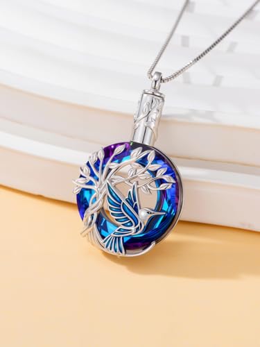 TOUPOP Butterfly Necklace for Women 925 Sterling Silver Tree of Life Butterflies Dragonfly Hummingbird Pendant Necklaces Crystal Jewelry Anniversary Christmas Birthday Gift for Her - color: Hummingbird Blue - Urn