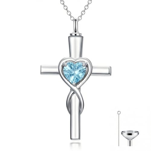 YYB Urn Necklace for Ashes Women Heart Birthstone Cross Cremation Jewelry | Memorial Keepsake Funeral Jewelry for Loved Ones (with Funnel Filler) - color: 03-Mar-Aquamarine