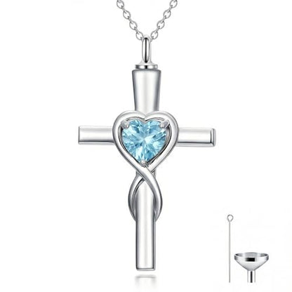 YYB Urn Necklace for Ashes Women Heart Birthstone Cross Cremation Jewelry | Memorial Keepsake Funeral Jewelry for Loved Ones (with Funnel Filler) - color: 03-Mar-Aquamarine
