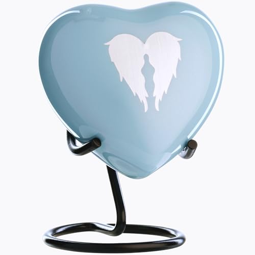Small Urn for Ashes Keepsake for Women and Men - Mini Heart Urns for Human Ashes Male or Female - Wing Shaped Blue Mini Urns Angel Wings - Cremation Keepsakes Memorial Heart Urn for Mom Mother Dad - color: Angel Wings - Blue, size: Heart-Shaped with Stand