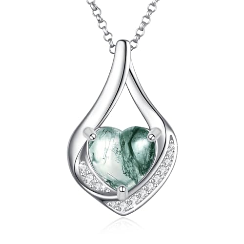 Cremation Jewelry 925 Sterling Silver Teardrop Urn Necklace for Ashes Heart Shape Memorial Keepsake Pendant for Human Ashes for Women Gift - color: Moss Agate
