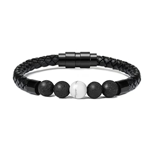 Lava Stone Urn Bracelet for Ashes Cremation Jewelry for Women Men Genuine Leather Memorial Rope Cuff Bangle Braided Bracelets Keepsake Jewelry for Loved Ones with Fill Tool 22cm - color: 4 Lava Stone+1 White Howlite