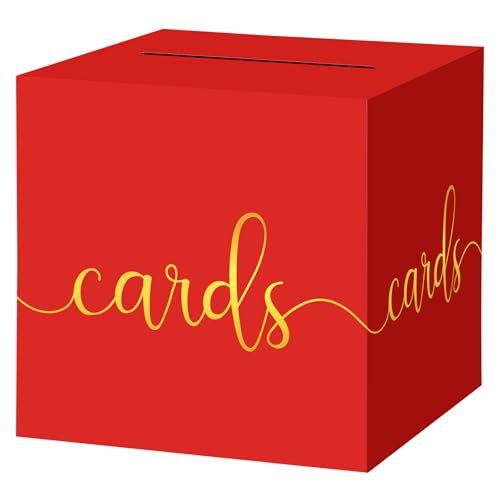 Hooqict Red Gift Card Box with Slot 9.1" Gold Foil Card Box for Party, Graduation, Wedding Reception, Birthday, Christmas, New Year, Raffle Ticket Money Envelope Holder - color: Red Gold