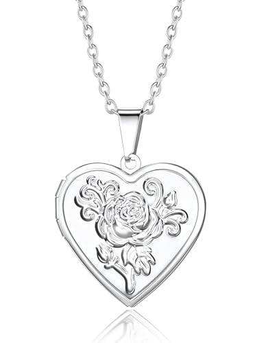 Custom4U Personalized Heart Locket Necklace with Pictures,Sunflower/Angel Wings/Heart Shaped Lockets Custom Photo,Gold/Rose Gold/White Lockets That Holds Picture,Customized Memorial Jewelry for Women - color: C-Heart-Steel(Locket Only)