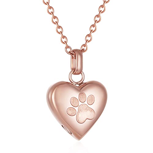 Pet Urn Necklace Heart Memorial Urn Pendant Dog Cat Keepsake Funeral Jewelry 316L Stainess Steel Paw Print Cremation Jewelry - color: Rose Gold One Paw