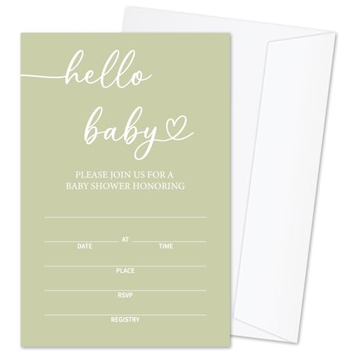 Hello Baby Baby Shower Invitations for Boys Girls, Green Minimalism Invite Cards for Baby Announcement, 25 Set of Fill-in Invites with Envelopes, Gender Reveal Party Supplies -B14 - color: Green-Oh Baby