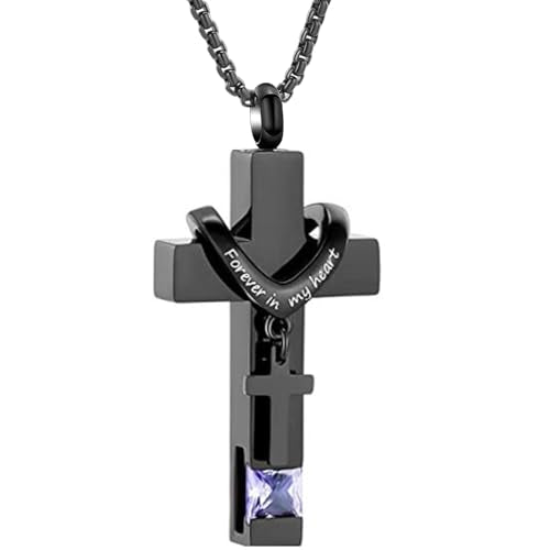 Oinsi Black Cross Urn Necklace For Ashes Of Loved Ones With Birthstone Always In My Heart Cremation Jewelry Keepsake Pendant Women Men - color: Light Purple Stone