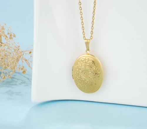 Gold Oval Flower Locket Necklace that Holds Pictures Photo Locket Pendant - color: GoldOval
