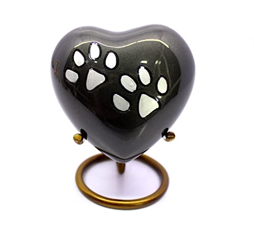 eSplanade Brass Mini Cremation Urn Heart-Shaped Keepsake Memorial Jar Pot Container | Small Urn for Funeral Ashes Burial | Paws Engraved Metal Keepsake with Stand | Black - 2.75" Inches