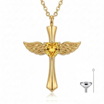 14K Gold Angel Wings Cross URN Necklace Cremation Necklaces for Ashes Embellished with Birthstone, Yellow Gold Fine Keepsake Memorial Jewelry - color: November Birthstone