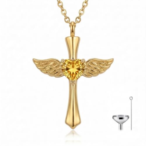 14K Gold Angel Wings Cross URN Necklace Cremation Necklaces for Ashes Embellished with Birthstone, Yellow Gold Fine Keepsake Memorial Jewelry - color: November Birthstone