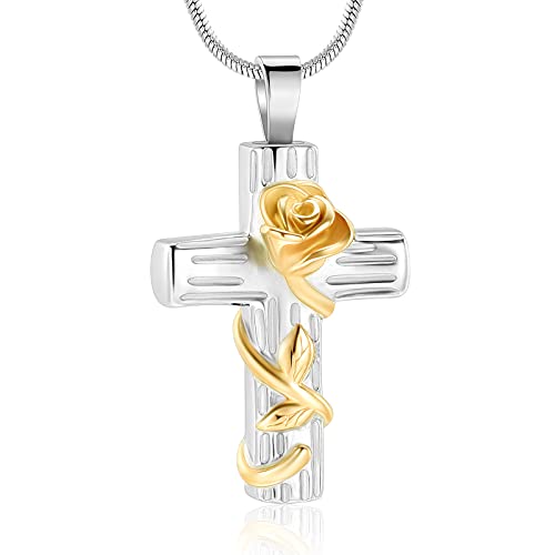 Minicremation Urn Necklace for Ashes Rose Flower Cross Cremation Jewelry Pendant for Human/Pet Funeral Keepsake Memorial Necklace - color: Gold
