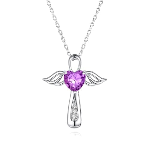 YLT S925 Sterling Silver Cross Angel Wings Necklace for Ashes | Cremation Urn Pendant Birthstone Jewelry Memorial Keepsake Memory Ashes Jewelry Gifts - color: Amethyst