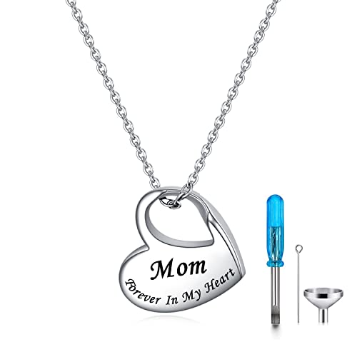 Heart Urn Necklace for Ashes Cremation Jewelry Forever in My Heart Engraved Stainless Steel Keepsake Waterproof Memorial Pendant for loved One with Filling Kit - color: Mom