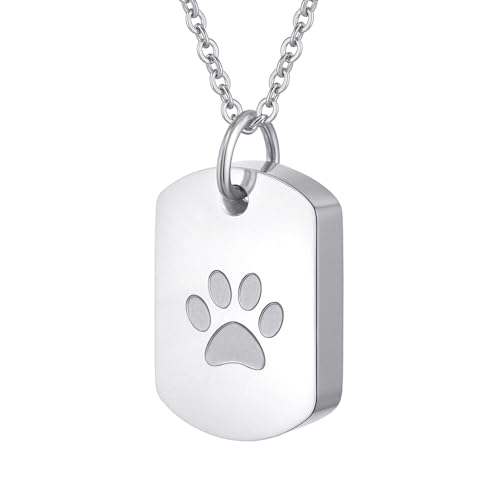 Stainless Steel Pet Memorial Urn Necklace Dog Tag Style Paw Print Cremation Jewelry for Ashes Keepsake Pendant for Beloved Dogs & Cats - color: Silver