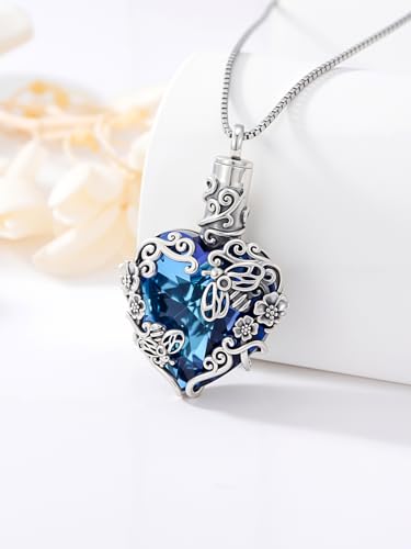 JKR Heart Urn Necklace for Ashes Crystal Keepsake Pendant Memorial Jewelry - style: Bee-Blue Heart