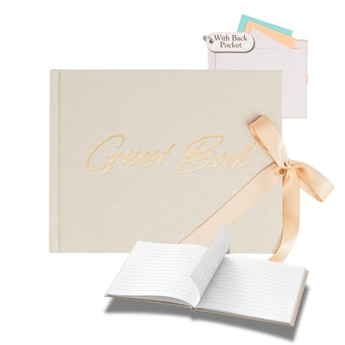 Wedding Guest Book with Keepsake Pocket & Satin Bow Closure Linen Hardcover - color: Champagne