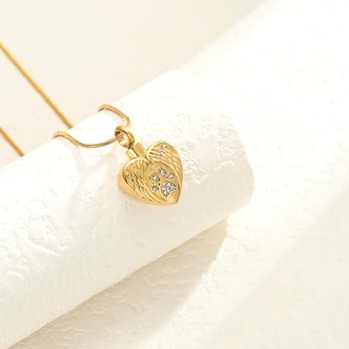 Heart Paw Print Urn Necklace for Ashes for Pet Stainless Steel Pendant - color: Gold